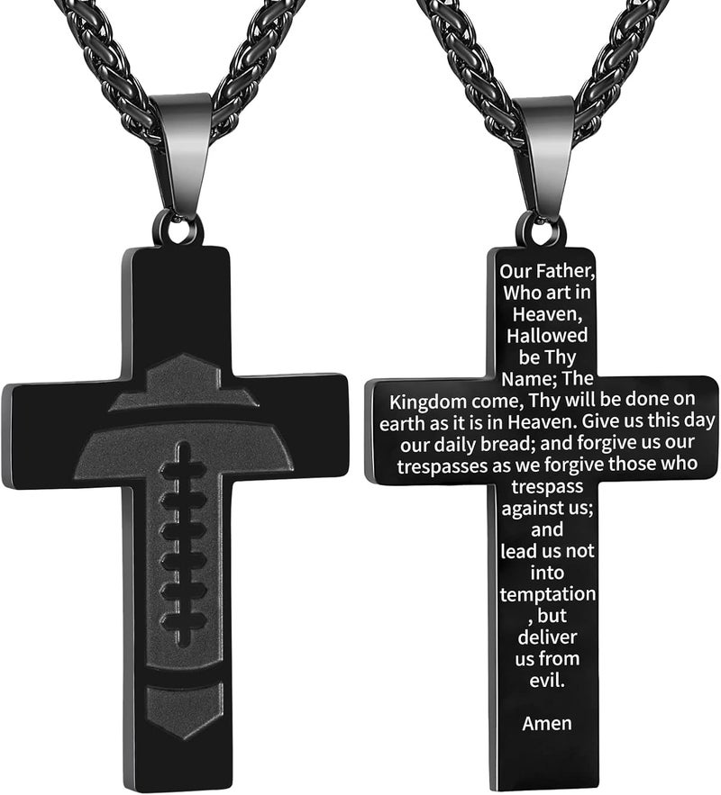GLITTO Store Football Cross Necklace for Kids Teen Boys - Inspirational Bible Verse Religious Christian Gift - Image 1
